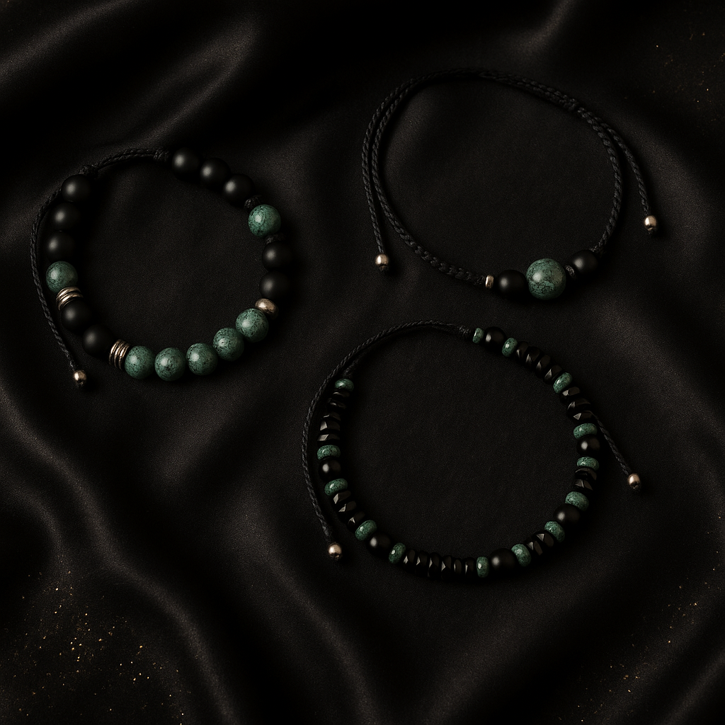 Perlenarmband Damen grün Set– Handgefertigtes Naturstein Armband mit grüner Jade & Onyx, 8mm, verstellbar,