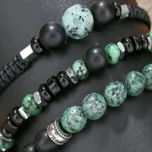 Perlenarmband Damen grün Set– Handgefertigtes Naturstein Armband mit grüner Jade & Onyx, 8mm, verstellbar,