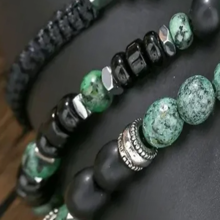 Perlenarmband Damen grün Set– Handgefertigtes Naturstein Armband mit grüner Jade & Onyx, 8mm, verstellbar,