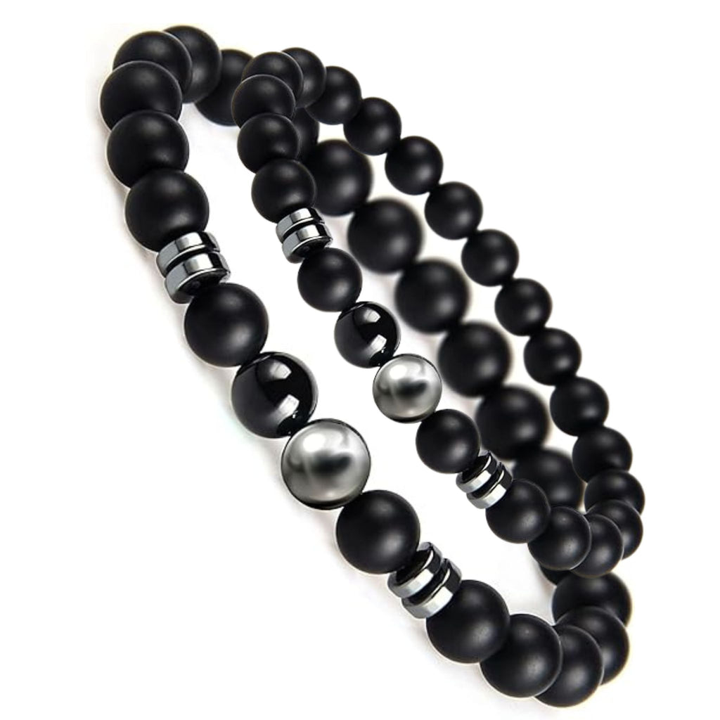 Perlenarmband Herren & Damen – Schwarzer Onyx mit 925er Silber Elementen | Elastisches Armband im Set oder EinzelnGeschenkbox