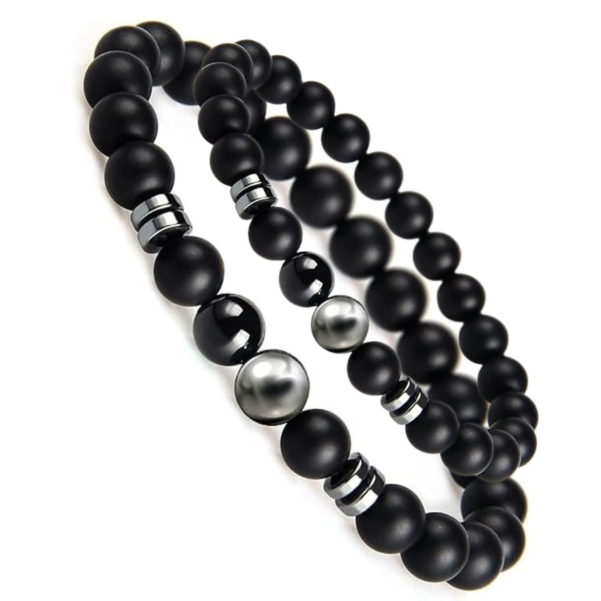 Perlenarmband Herren & Damen – Schwarzer Onyx mit 925er Silber Elementen | Elastisches Armband im Set oder EinzelnGeschenkbox