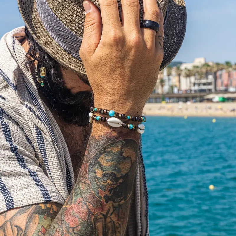 Holzperlen-Armband-Set für Herren – Naturtürkis & Braun | Surf- & Bohème-Stil