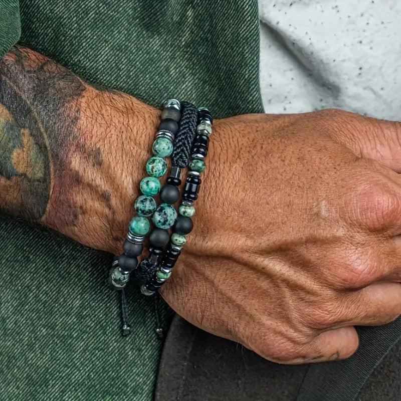 🔘 Beaded bracelet set for men green – Stackable &amp; versatile | Casual look with style