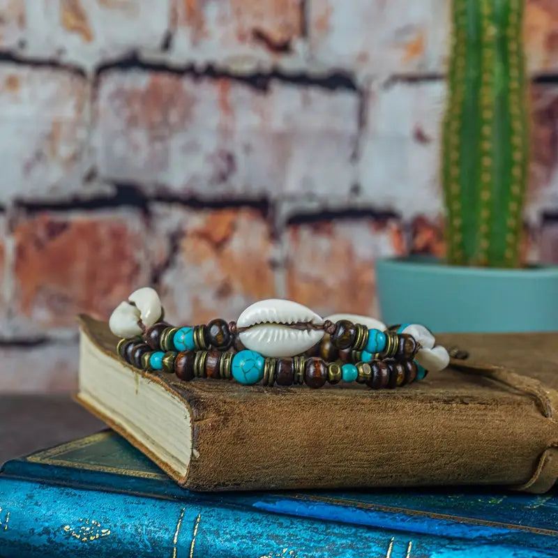 Holzperlen-Armband-Set für Herren – Naturtürkis & Braun | Surf- & Bohème-Stil