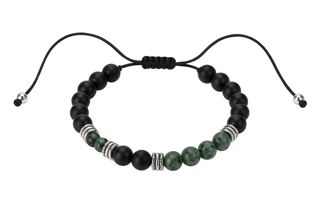 Perlenarmband Damen grün Set– Handgefertigtes Naturstein Armband mit grüner Jade & Onyx, 8mm, verstellbar,