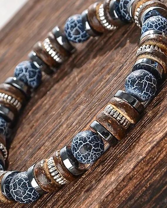 Herren Armband aus Naturstein – Achat & Lavastein | 18–21 cm | Elastisch