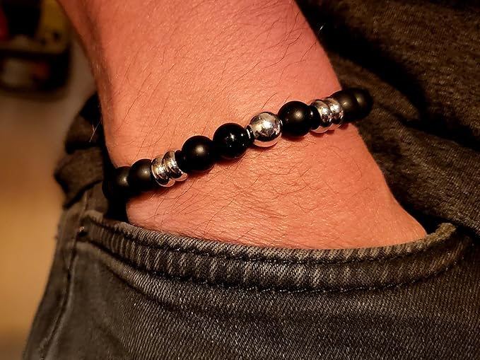 Perlenarmband Herren & Damen – Schwarzer Onyx mit 925er Silber Elementen | Elastisches Armband im Set oder EinzelnGeschenkbox