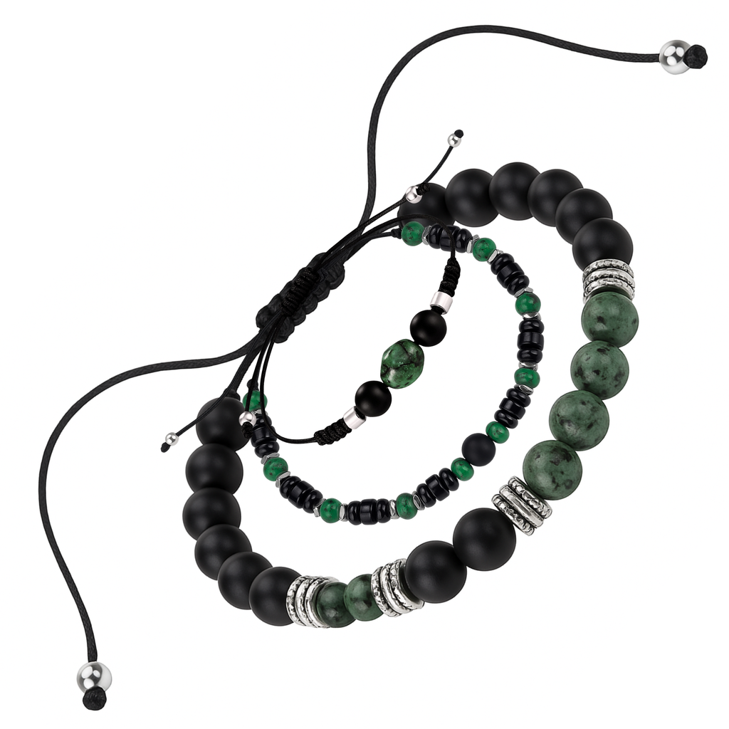 Perlenarmband Damen grün Set– Handgefertigtes Naturstein Armband mit grüner Jade & Onyx, 8mm, verstellbar,