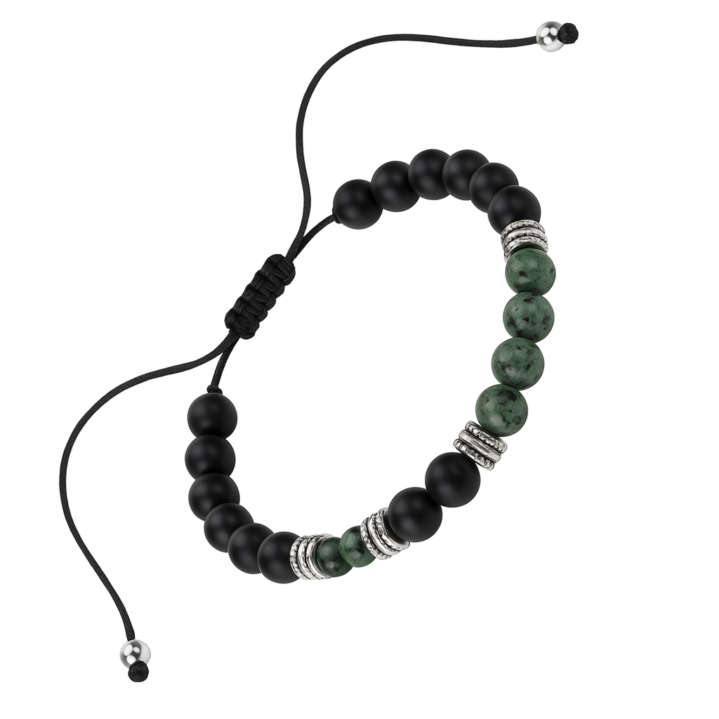 Perlenarmband Damen grün Set– Handgefertigtes Naturstein Armband mit grüner Jade & Onyx, 8mm, verstellbar,