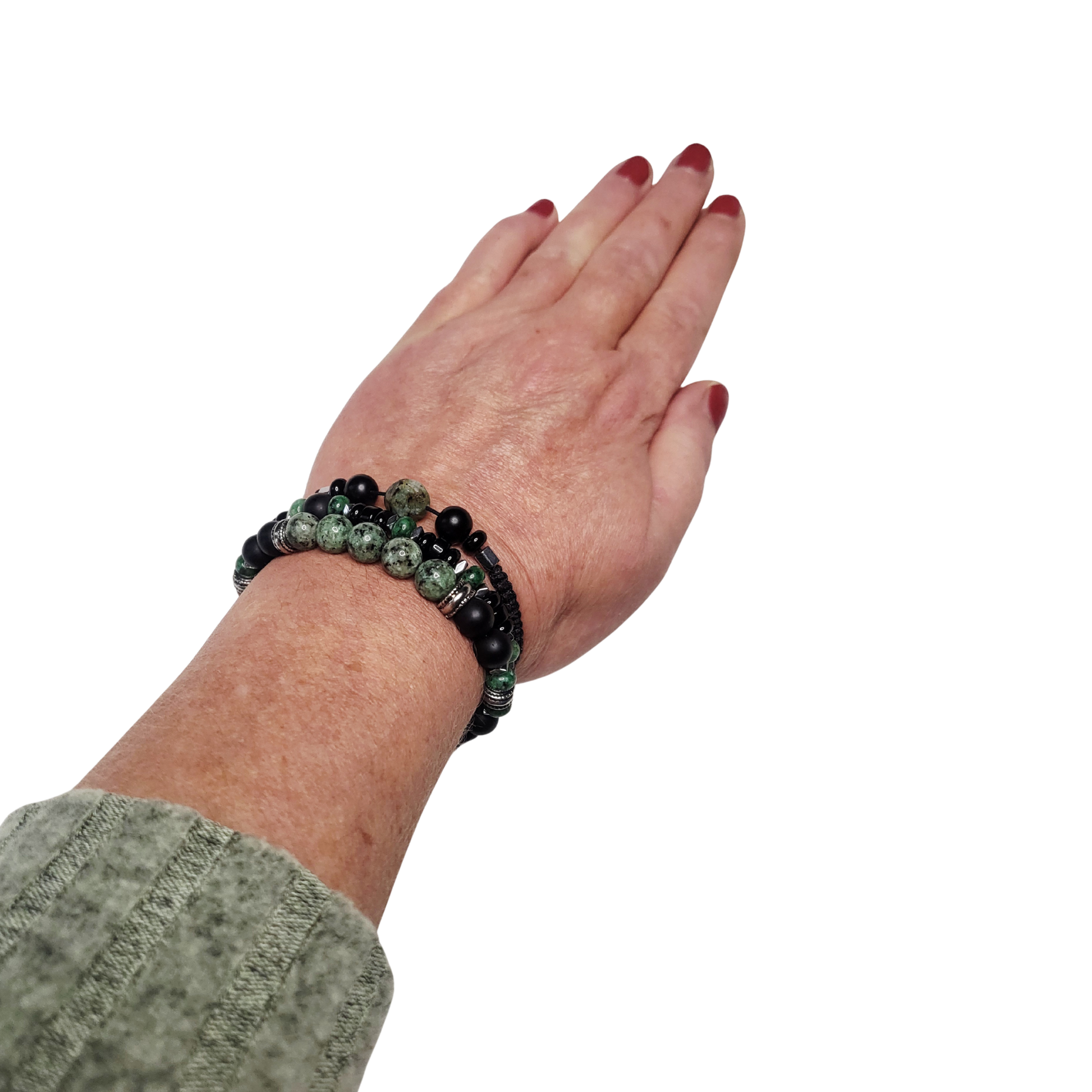 Perlenarmband Damen grün Set– Handgefertigtes Naturstein Armband mit grüner Jade & Onyx, 8mm, verstellbar,