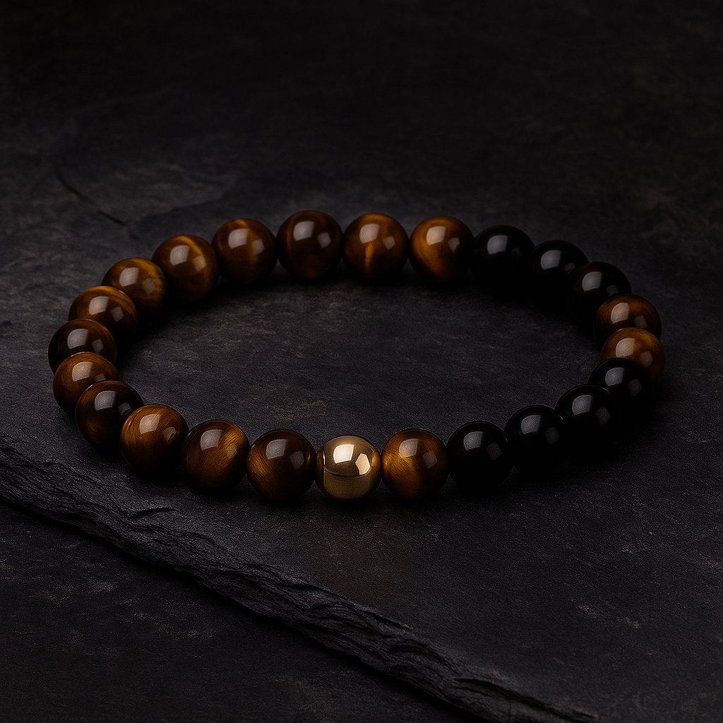 Herrenarmband Tigerauge 8 mm mit 14K Goldperle – Handgefertigt in Deutschland – Elastisch – Geschenkbox – Naturstein Schmuck für Männer