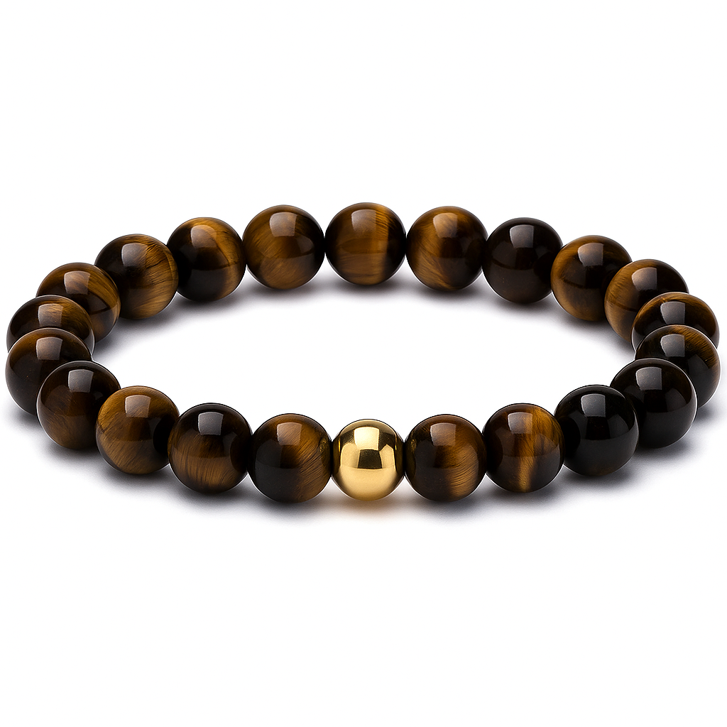Herrenarmband Tigerauge 8 mm mit 14K Goldperle – Handgefertigt in Deutschland – Elastisch – Geschenkbox – Naturstein Schmuck für Männer