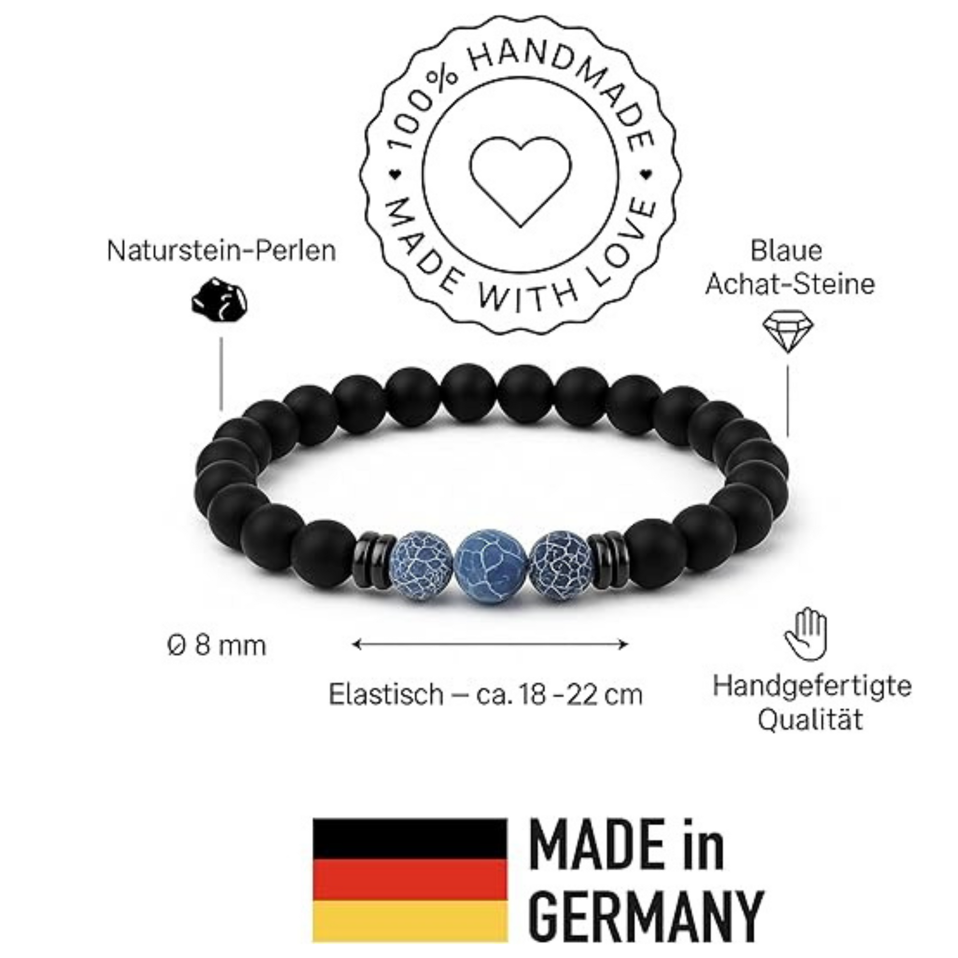 Herren Armband – Schwarze Naturstein-Perlen & Blaue Achat-Steine | Handgefertigt in Deutschland