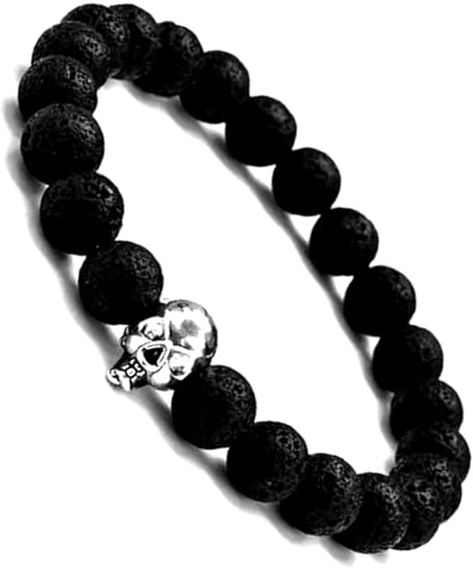 Herrenarmband aus Lava-Stein in Schwarz mit Totenkopf, elastisch
