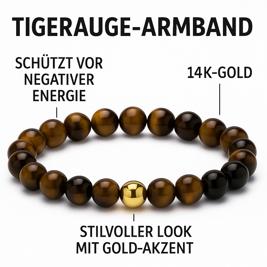 Herrenarmband Tigerauge 8 mm mit 14K Goldperle – Handgefertigt in Deutschland – Elastisch – Geschenkbox – Naturstein Schmuck für Männer