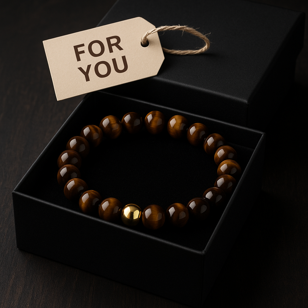 Herrenarmband Tigerauge 8 mm mit 14K Goldperle – Handgefertigt in Deutschland – Elastisch – Geschenkbox – Naturstein Schmuck für Männer