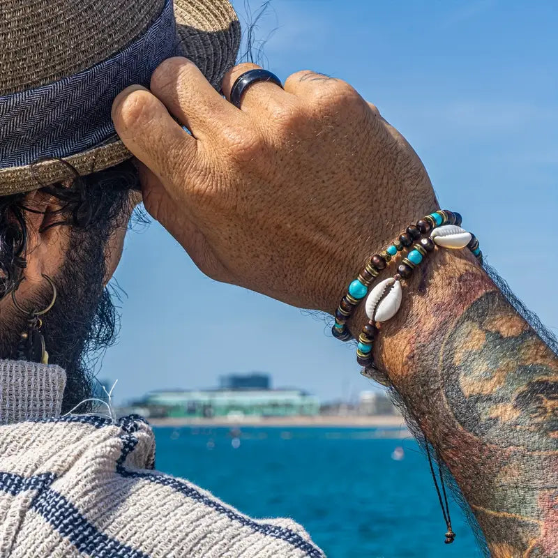 Holzperlen-Armband-Set für Herren – Naturtürkis & Braun | Surf- & Bohème-Stil